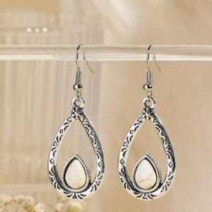 Bohemian Faux Turquoise Earrings Vintage Water Drop Hollow Out Dangle